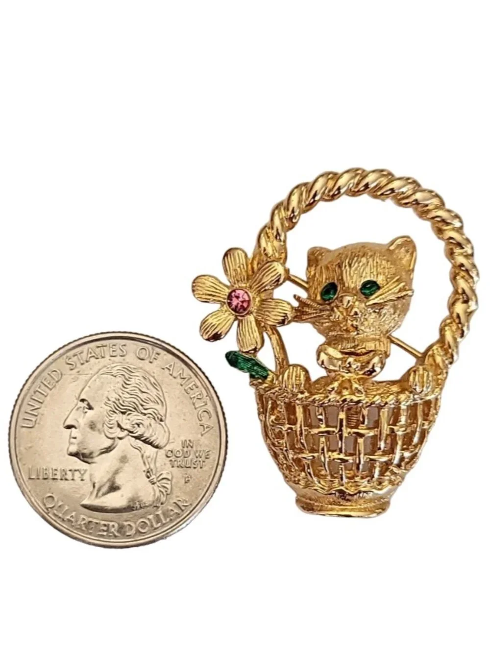Trifari TM Gold Tone Cat On Basket Trembler Brooch Pin, Signed K547